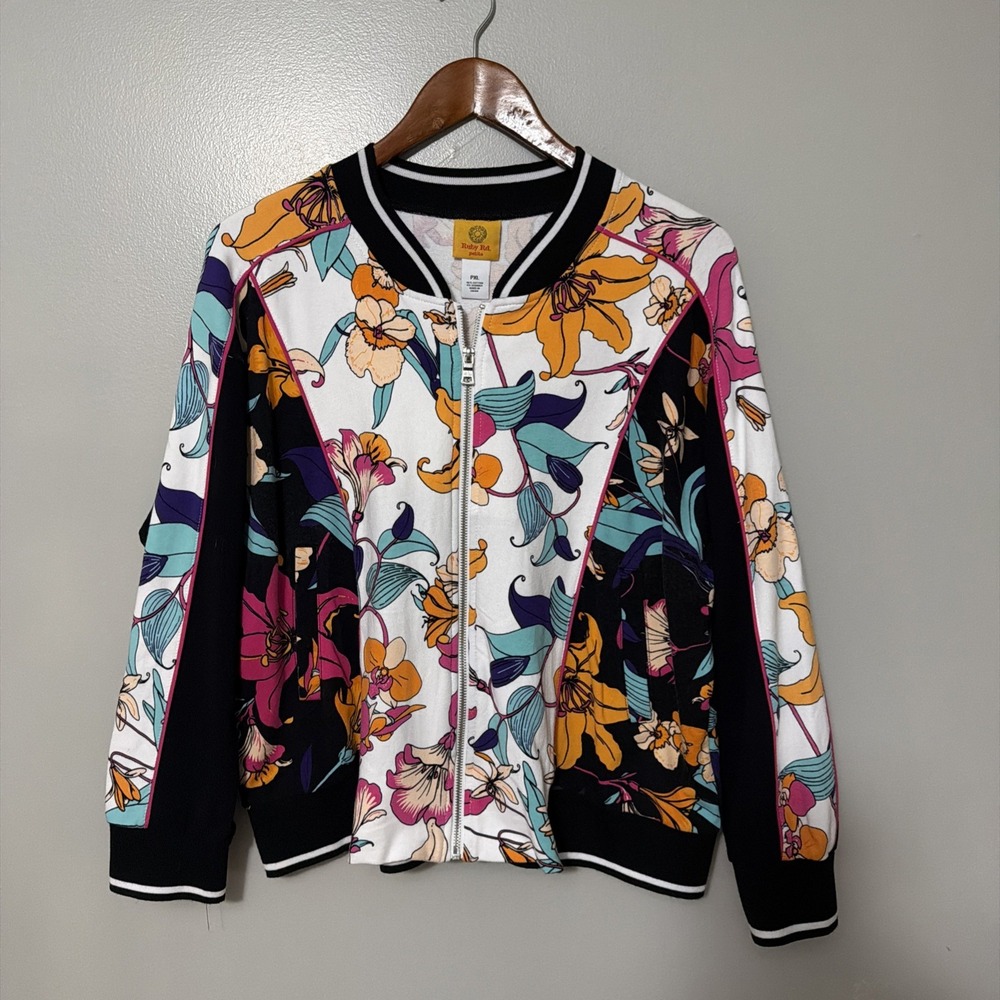 Ruby Rd. Jacket Zip Up Floral Print Size PXL Boho Track Athletic Yoga Casual